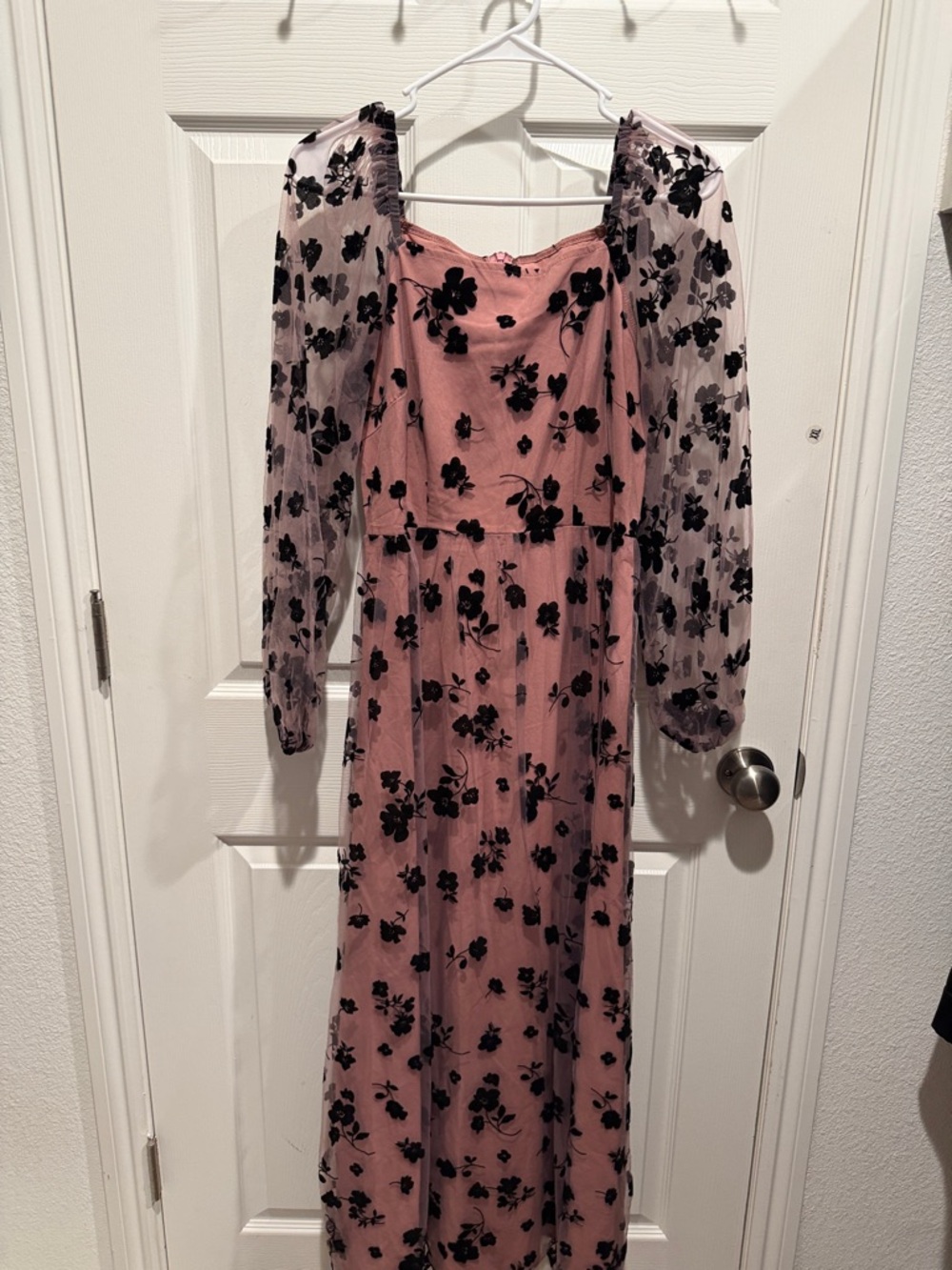 Pink Floral Mesh Sleeve Maxi Dress